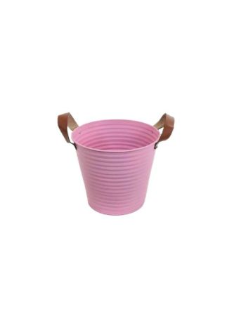 (Rattan) Bádog Kaspó Pink, Bõrfüles 140-B-22-05 - D18/13*H16cm (60/#)