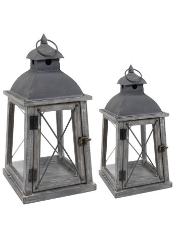 fa lámpás szett fém tetővel szürke 29x29x61cm S/2