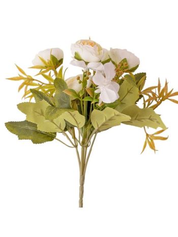 5 ágú hortenziás tearózsa selyemvirág csokor- 25cm magas - Fehér