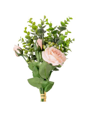 Művirág csokor rózsával, eukaliptusszal és bogyós ágakkal, 33 cm magas