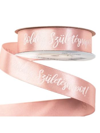 Boldog Születésnapot! feliratos szatén szalag 20mm x 20m - Púder rózsaszín
