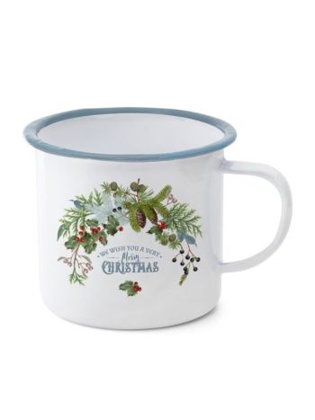 Bögre girlanddal Merry Christmas felirattal bádog 11x11x10 cm fehér