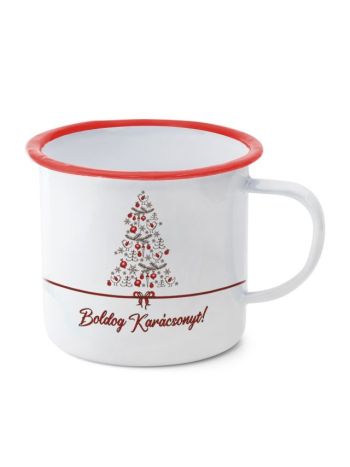 Bögre karácsonyfával- Boldog Karácsonyt felirattal bádog 11x11x10 cm fehér- piro