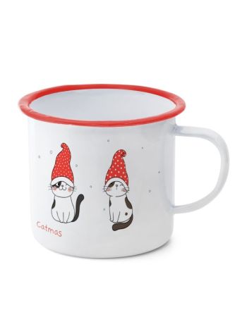 Bögre macskával bádog 11x11x10 cm fehér- piros