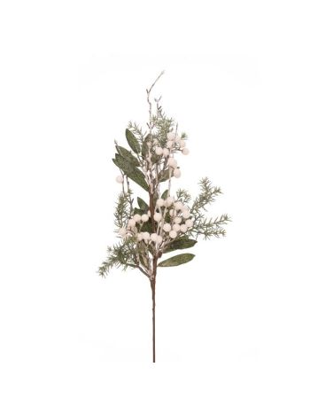 Bogyós ág levéllel- glitteres- műanyag- polyfoam- 60 cm- fehér-zöld