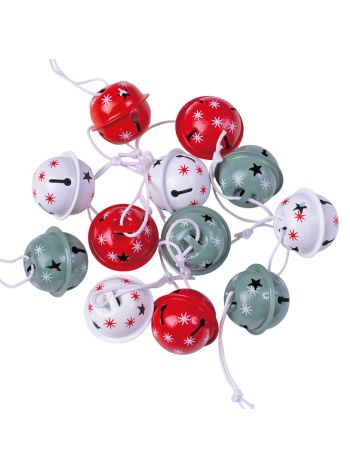 Karácsonyi fém csengő dekor- piros/zöld/fehér- 12db-os csomag- 16 x 12 x 2.5cm