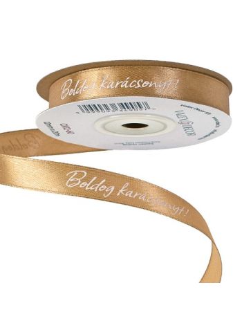 Boldog Karácsonyt! feliratos szatén szalag 12mm x 20m - Aranybarna