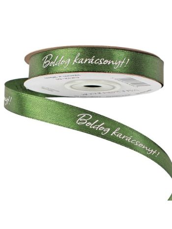 Boldog Karácsonyt! feliratos szatén szalag 12mm x 20m - Sötétzöld