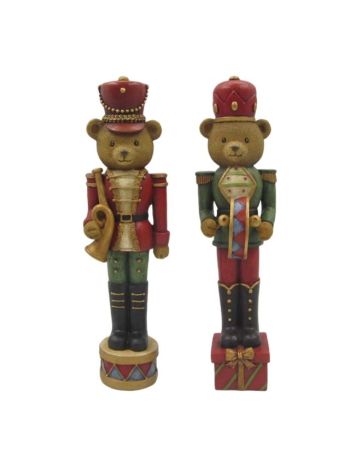 Diótörő maci dobbal- trombitával álló poly 8x7x30 cm piros- zöld 2 féle