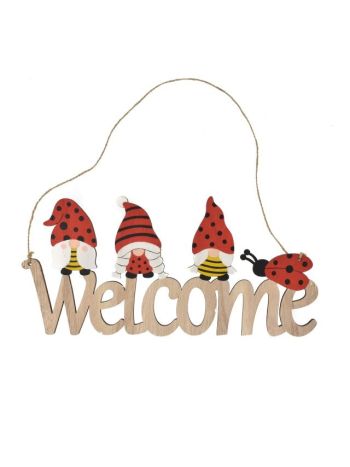 Dísz welcome felirat- manókkal akasztós fa 30x14-5x0-5cm natúr- piros SSS