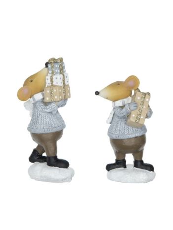 Egér ajándékokkal- poly- 5x4-5x9-5 cm- barna- kék- 2 féle SSS