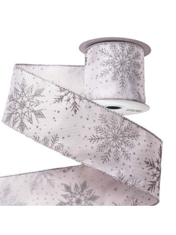 Csillogó hópelyhes karácsonyi szatén szalag 64mm x 6.4m - Fehér