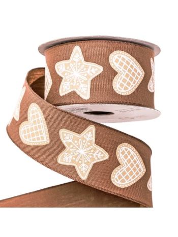 Mézeskalács mintás textil szalag drótos szegéllyel 38mm x 6.4m - Barna