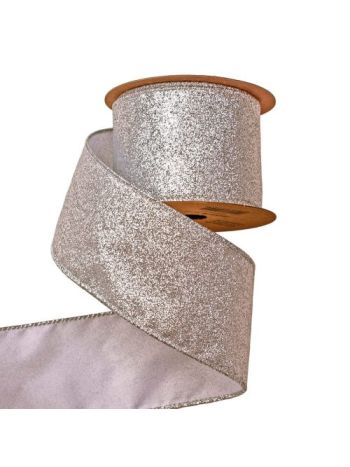 Glitteres karácsonyi szalag drótos szegéllyel 63mm x 5m - Ezüst