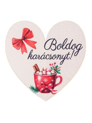 4db. Boldog Karácsonyt! feliratos- forrócsokis fa szívecske 7 x 7cm