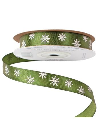 Hópelyhes karácsonyi szatén szalag 12mm x 20m - Mohazöld