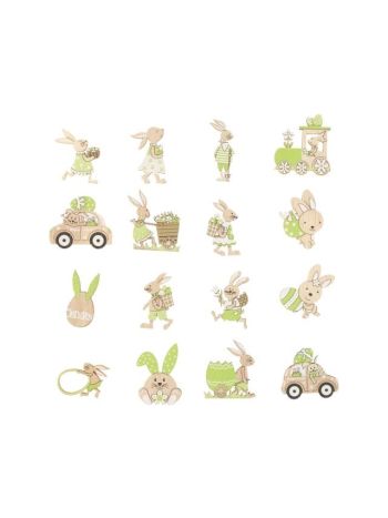 Húsvéti figurák fa 3-5x3-5x0-2 cm natúr- zöld 4 féle S/12