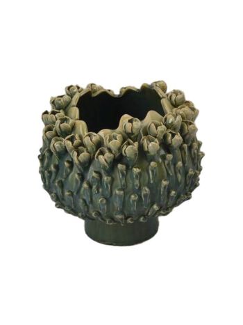 Kaspó gömbölyű 3D növény mintával kerámia 22x22x19 cm türkizkék- zöld