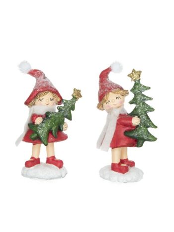 Kislány fenyővel álló- glitteres- poly- 5-5x4x9 cm- piros- 2 féle SSS