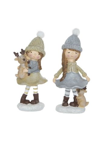 Kislány szarvassal álló- glitteres- poly- 7x6x16 cm- kék- barna- 2 féle SSS