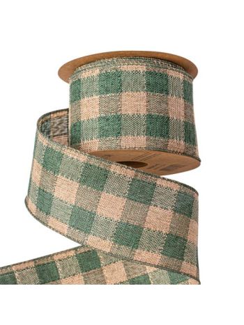Kockás vászon szalag drótos szegéllyel 63mm x 10m - Zöld/Ekrü