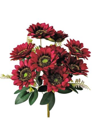 Napraforgó selyemvirág csokor- 9 fejes- 40cm magas- virágfej átmérő: 8cm - Bordó