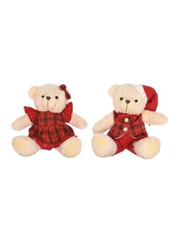 Maci kockás ruhában ülő- textil- 25 cm- piros- fehér- 2 féle SSS