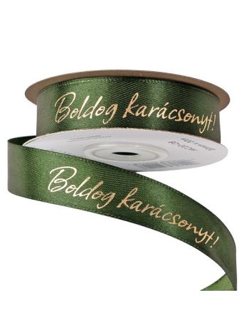 Fényes arany Boldog Karácsonyt! feliratos szatén szalag 20mm x 20m - Sötétzöld