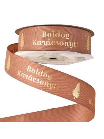 Boldog Karácsonyt! feliratos ripsz szalag 25mm x 20m - Púder barna