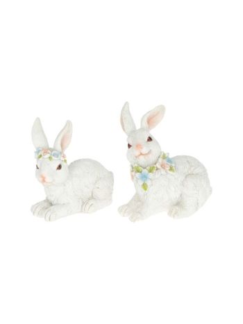 Nyúl virágkoszorúval fekvő poly 9-5x5-5x10-2 cm fehér 2 féle DD67361