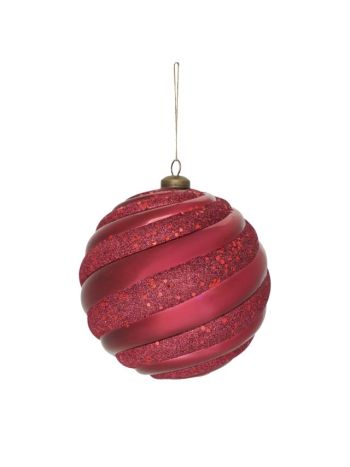 Óriás gömb gyöngyház fényű- glitter csíkokkal- akasztós műanyag 15 cm bordó