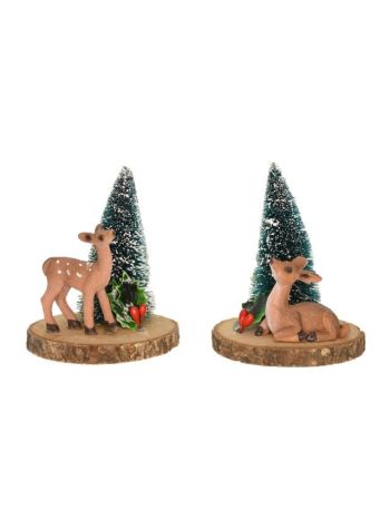 Őz fenyőfával- poly- 8-6x8-3x10-3 cm- zöld- barna- 2 féle @