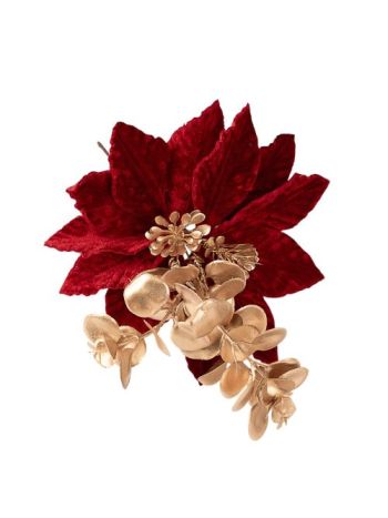 Mikulásvirág és eukaliptusz dekor pick- 27 cm magas - Bordó/Arany