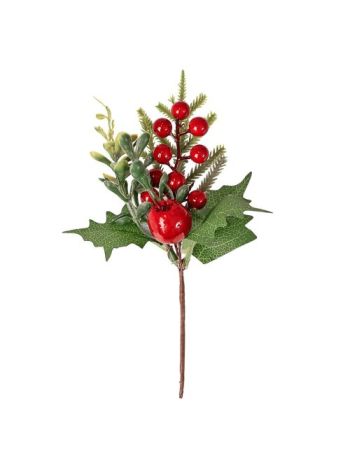 Piros bogyós dekor pick levelekkel és fenyőágakkal- 21 cm magas