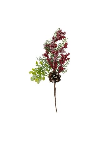 Selyemvirág ág tobozzal- bogyóval- műanyag- 30 cm- zöld- piros @