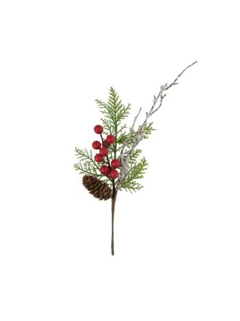 Selyemvirág ág tobozzal- bogyóval- műanyag- 35 cm- zöld- piros @
