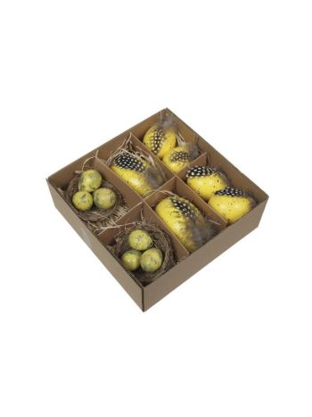 Tojás igazi- tollal- dobozban sárga S/12