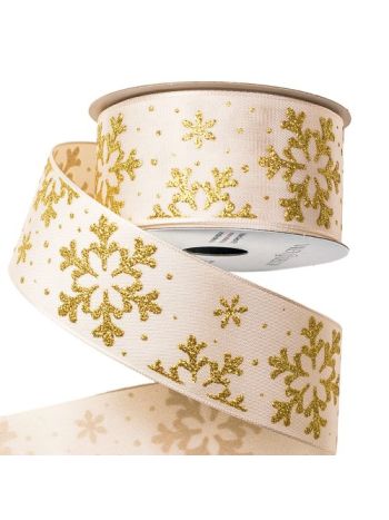 Arany hópihés karácsonyi szalag drótos szegéllyel 38mm x 6.4m - Krém